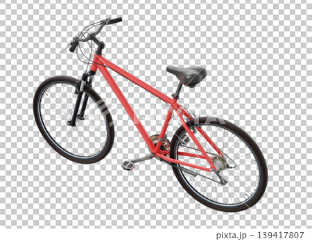 Red bicycle, side top view. Black leather saddle and handles. Png clipart isolated on transparent background Red bicycle, side top view. Black leather saddle and handles. Png clipart isolated on transparent background 139417807