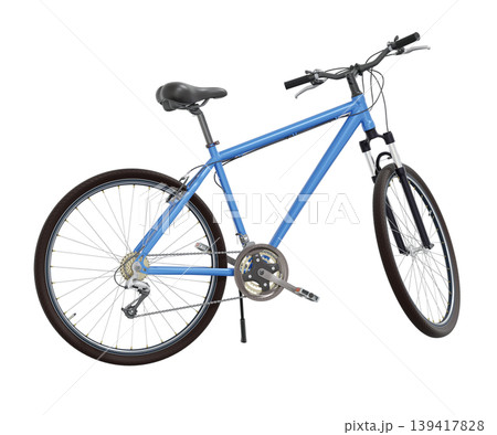 Blue bicycle standing while leaning on kickstand, side view. Bike resting on kick stand. Png clipart isolated on transparent background 139417828
