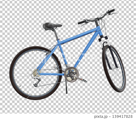 Blue bicycle standing while leaning on kickstand, side view. Bike resting on kick stand. Png clipart isolated on transparent background 139417828
