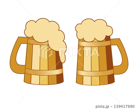 Wooden mugs set with beer foam, cartoon flat vector illustration Wooden mugs set with beer foam, cartoon flat vector illustration 139417890