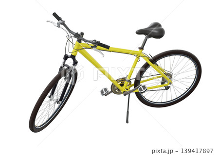 Yellow bicycle standing on kickstand Yellow bicycle standing on kickstand 139417897