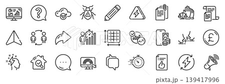 Software bug, Question mark and Inspect line icons pack. Share, Message, Paper plane icons. Square area, Talk, Phone pay web icon. Megaphone, Documents, Lightning bolt pictogram. Vector Software bug, Question mark and Inspect line icons pack. Share, Message, Paper plane icons. Square area, Talk, Phone pay web icon. Megaphone, Documents, Lightning bolt pictogram. Vector 139417996