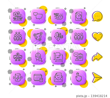 Video conference, Pickup and Floor plan line icons. App 3d buttons. Social media comment, share, like icons. Pack of Speech bubble, Account, Search document icon. Vector Video conference, Pickup and Floor plan line icons. App 3d buttons. Social media comment, share, like icons. Pack of Speech bubble, Account, Search document icon. Vector 139418214