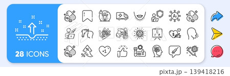 Shield, Social care and Chin line icons. Interest rate, AI generate, Inflation icons. Pack of Manganese mineral, Social distance, Vaccination appointment icon. Vector 139418216