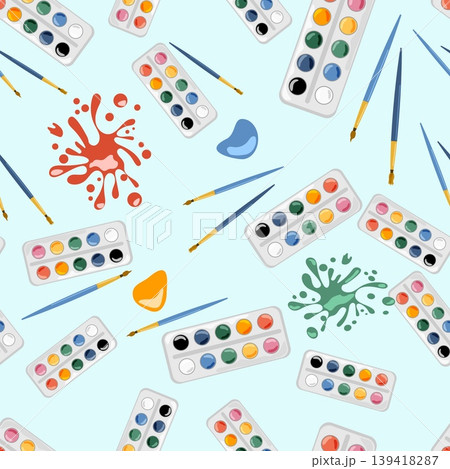 Minimalist Art Supplies Seamless Pattern Vector Watercolor Paints Brushes and Splashes Background for School Projects Wrapping Paper and Textile Design 139418287
