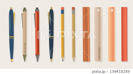 Minimalist Stationery Kit Vector Set of Professional Pens Pencils and Wooden Rulers in Blue Orange and Kraft Tones for Branding and School Design Minimalist Stationery Kit Vector Set of Professional Pens Pencils and Wooden Rulers in Blue Orange and Kraft Tones for Branding and School Design 139418289