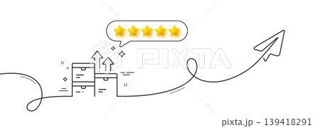 Wholesale goods line icon. Continuous line with share plane. Warehouse boxes sign. Logistic inventory symbol. Five star rate review in speech bubble. Wholesale goods single line ribbon. Vector Wholesale goods line icon. Continuous line with share plane. Warehouse boxes sign. Logistic inventory symbol. Five star rate review in speech bubble. Wholesale goods single line ribbon. Vector 139418291