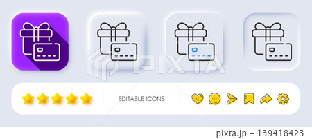 Gift card line icon. Neumorphic, Flat shadow, 3d buttons. Bank card sign. Present box symbol. Line gift card icon. Social media icons. Vector 139418423