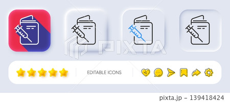 Vaccination passport line icon. Neumorphic, Flat shadow, 3d buttons. Vaccine syringe sign. Jabbed symbol. Line vaccination passport icon. Social media icons. Vector 139418424