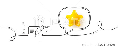 Copywriting notebook line icon. Continuous line with 3d star. Copyright feather sign. Media content symbol. 3d star in speech bubble. Copyright laptop single line ribbon. Loop curve pattern. Vector Copywriting notebook line icon. Continuous line with 3d star. Copyright feather sign. Media content symbol. 3d star in speech bubble. Copyright laptop single line ribbon. Loop curve pattern. Vector 139418426