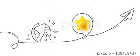 Internet warning line icon. Continuous line with share plane. Attention triangle sign. Caution alert symbol. 3d star in speech bubble. Internet warning single line ribbon. Loop curve pattern. Vector 139418437