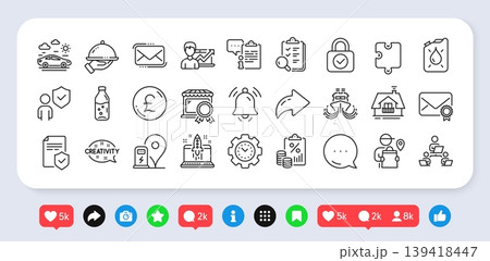 Time management, Notification bell and Restaurant food line icons pack. Social media: share, comment, like icons. Puzzle, Insurance policy, Messenger mail web icon. Vector Time management, Notification bell and Restaurant food line icons pack. Social media: share, comment, like icons. Puzzle, Insurance policy, Messenger mail web icon. Vector 139418447