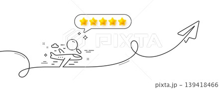 Search flight line icon. Continuous line with share plane. Airplane with magnifying glass sign. Find airport flights symbol. Five star rate review in speech bubble. Vector Search flight line icon. Continuous line with share plane. Airplane with magnifying glass sign. Find airport flights symbol. Five star rate review in speech bubble. Vector 139418466