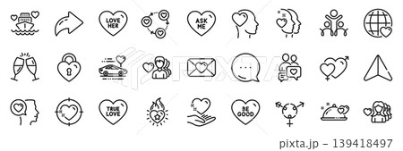 Woman love, Heart and Hold heart line icons pack. Share, Message, Paper plane icons. Love her, Romantic talk, Romantic dinner web icon. Friend, Champagne glasses, Ask me pictogram. Vector Woman love, Heart and Hold heart line icons pack. Share, Message, Paper plane icons. Love her, Romantic talk, Romantic dinner web icon. Friend, Champagne glasses, Ask me pictogram. Vector 139418497