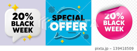 Black week speech bubble. 3d sparkles chat, Paper sticker. Black week 20 percent sale. Special discount sign. Black friday offer symbol. Special offer bubble. Halftone dots pattern. Vector Black week speech bubble. 3d sparkles chat, Paper sticker. Black week 20 percent sale. Special discount sign. Black friday offer symbol. Special offer bubble. Halftone dots pattern. Vector 139418509