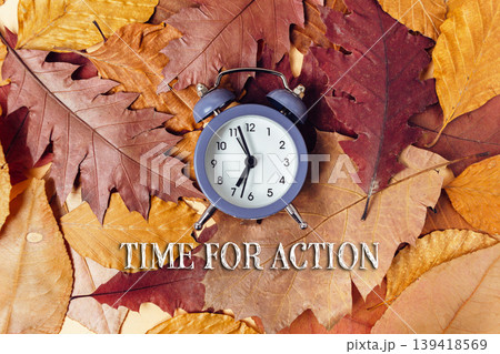 Alarm clock resting on colorful autumn leaves, symbolizing change and urgency, with the phrase 'Time for Action' creatively displayed in the foreground Alarm clock resting on colorful autumn leaves, symbolizing change and urgency, with the phrase 'Time for Action' creatively displayed in the foreground 139418569