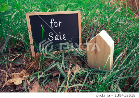Wooden House Model with For Sale Sign in Grass Wooden House Model with For Sale Sign in Grass 139418619