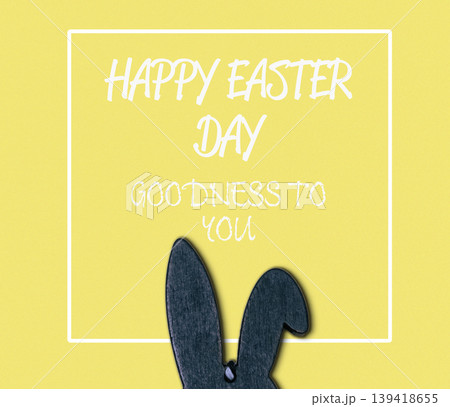 Cartoon rabbit is standing on a yellow background with the words Happy Easter 139418655