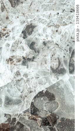 Textured ice surface with natural patterns and earthy elements creating a unique visual experience 139418666