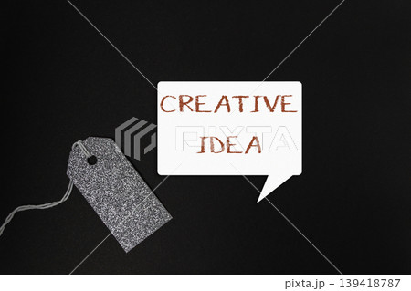 Creative idea speech bubble with glitter tag on dark background for inspiration and design Creative idea speech bubble with glitter tag on dark background for inspiration and design 139418787