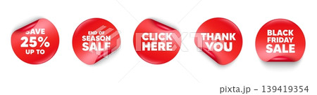 Discount sticker tag. Season sale, Black friday paper price banners. Save up to 25 percent tag. Discount Sale offer price sign. Special offer symbol. Thank you sticker. Vector 139419354