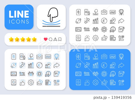 Calculator alarm, Air balloon and Charging time line icons for web app. Message, Share, Like social media icons. Pack of Execute, Food delivery, Favorite pictogram icons. Vector Calculator alarm, Air balloon and Charging time line icons for web app. Message, Share, Like social media icons. Pack of Execute, Food delivery, Favorite pictogram icons. Vector 139419356