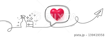 Cleaning spray line icon. Continuous line with share plane. Washing liquid or Cleanser symbol. Housekeeping service sign. 3d heart in speech bubble. Cleanser spray single line ribbon. Vector Cleaning spray line icon. Continuous line with share plane. Washing liquid or Cleanser symbol. Housekeeping service sign. 3d heart in speech bubble. Cleanser spray single line ribbon. Vector 139419358