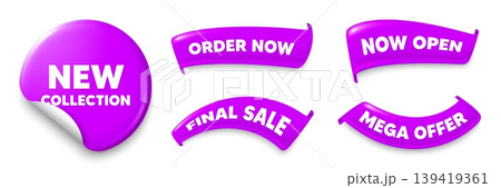 New collection purple sticker, Sale offer ribbons. Final sale, Order now. New collection tag. New fashion arrival sign. Advertising offer symbol. Sticker badge. Flag ribbon banners. Vector 139419361