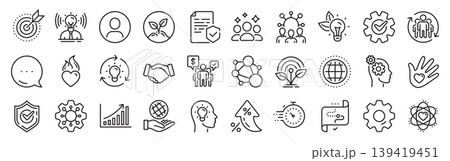 Core values line icons. Settings gear, Message, Inflation icons. Integrity, Target purpose and Strategy. Trust handshake, social responsibility, commitment goal icons. Vector Core values line icons. Settings gear, Message, Inflation icons. Integrity, Target purpose and Strategy. Trust handshake, social responsibility, commitment goal icons. Vector 139419451