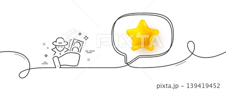 Fraud line icon. Continuous line with 3d star. Spy of thief sign. Cyber hack symbol. 3d star in speech bubble. Fraud single line ribbon. Loop curve pattern. Vector Fraud line icon. Continuous line with 3d star. Spy of thief sign. Cyber hack symbol. 3d star in speech bubble. Fraud single line ribbon. Loop curve pattern. Vector 139419452