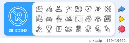 Package location, Delivery time and Lighthouse line icons. Interest rate, AI generate, Inflation icons. Pack of Parking, Parcel checklist, Package box icon. Vector 139419462