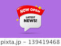 Latest news chat speech bubble. Now open flag ribbon. Latest news tag. Media newspaper sign. Daily information symbol. 3d sparkle stars speech bubble. Vector 139419468