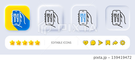 Restaurant app line icon. Neumorphic, Flat shadow, 3d buttons. Hand hold phone sign. Cellphone with screen notification symbol. Line restaurant app icon. Social media icons. Vector Restaurant app line icon. Neumorphic, Flat shadow, 3d buttons. Hand hold phone sign. Cellphone with screen notification symbol. Line restaurant app icon. Social media icons. Vector 139419472