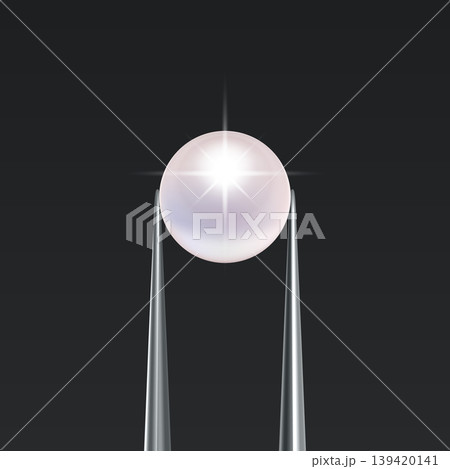 Vector Jewelry Tweezers Holding Pearl Bead on Black Background. Luxury Pearl Jewelry Banner, Elegant Pear Template for Jewelry Store, Fashion Accessory, Gemstone Design, Precious Stone Decoration 139420141