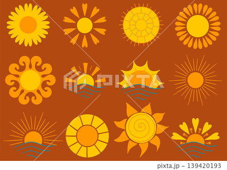 Set of bright sun icons. Perfect for weather apps, summer themes 139420193