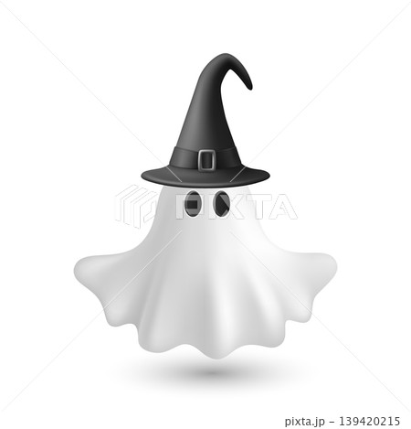 Vector 3d White Ghost with Black Witch Hat, Isolated. Cute Simple White Ghost Vector Illustration. Halloween Ghost Character with Wizard Hat and Floating Sheet. Design Template for Halloween Vector 3d White Ghost with Black Witch Hat, Isolated. Cute Simple White Ghost Vector Illustration. Halloween Ghost Character with Wizard Hat and Floating Sheet. Design Template for Halloween 139420215