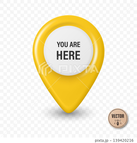 Vector 3d Realistic Yellow Map Pin Icon. Location Marker. Map Pin Symbol, Map Pin Badge for GPS, Navigation, Address, Place Pointer 139420216
