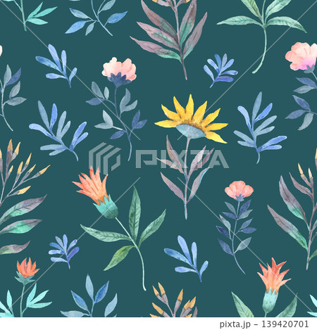 Seamless pattern with wild cute elegant abstract flowers. Watercolor hand-drawn illustration Seamless pattern with wild cute elegant abstract flowers. Watercolor hand-drawn illustration 139420701
