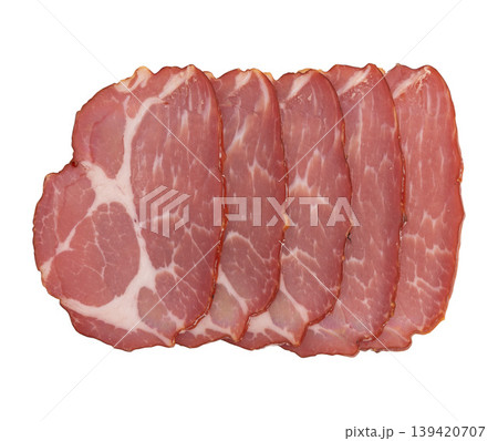 slices of pork neck cured isolated slices of pork neck cured isolated 139420707
