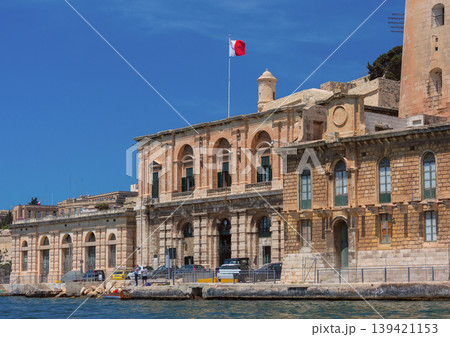 Historic stone buildings and fortifications on Valletta waterfront Malta Historic stone buildings and fortifications on Valletta waterfront Malta 139421153