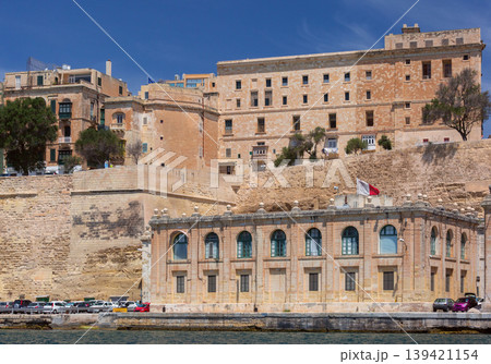 Historic stone buildings and fortifications on Valletta waterfront Malta 139421154