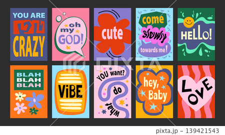 Abstract motivational posters for wall decor. Positive quotes and colorful geometric compositions in cartoon style. Printable designs for kitchens, cafes and restaurants. Banners with short phrases. 139421543