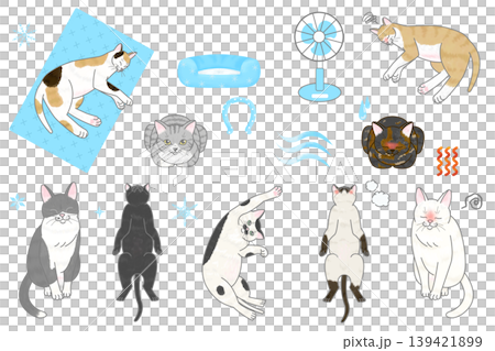 Illustration set for preventing heatstroke in cats: A contrast between a cool cat and a hot cat, featuring cooling products. Illustration set for preventing heatstroke in cats: A contrast between a cool cat and a hot cat, featuring cooling products. 139421899