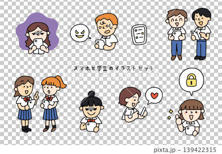 スマホと学生のイラストセット スマホと学生のイラストセット 139422315