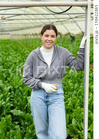 Portrait of positive farmer girl against the background of chard in greenhouse 139422865