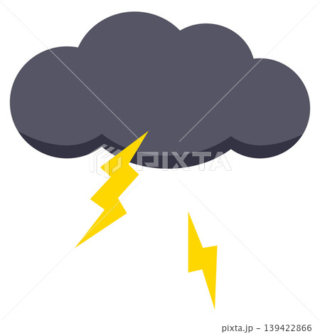 暗い雷雲から黄色い稲妻が二つ光るシンプルな天気のイラスト 139422866