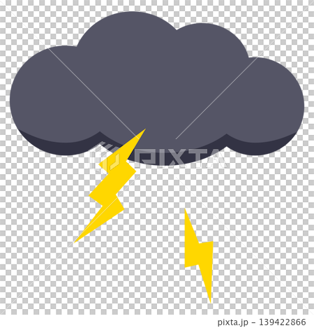 暗い雷雲から黄色い稲妻が二つ光るシンプルな天気のイラスト 139422866