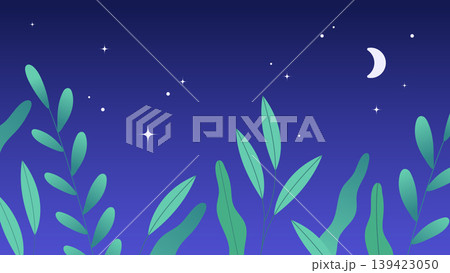 Night landscape with green grass, moon, and stars flat vector background 139423050