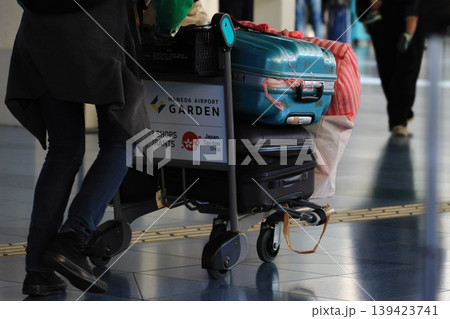 カートに荷物を積んで空港を移動する旅行者 カートに荷物を積んで空港を移動する旅行者 139423741