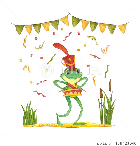 Festive illustration of a frog with a drum amidst confetti. Hand-drawn watercolor illustration, cartoon. Animal, card, invitation, confetti, reeds, sand, flags, garland, music Festive illustration of a frog with a drum amidst confetti. Hand-drawn watercolor illustration, cartoon. Animal, card, invitation, confetti, reeds, sand, flags, garland, music 139423940